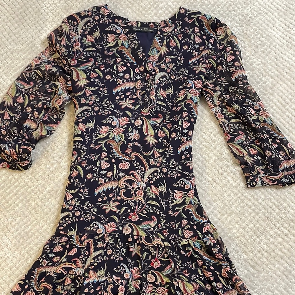Rose and Olive Paisley dress, women’s Sz Sm navy with muted pastel floral detail